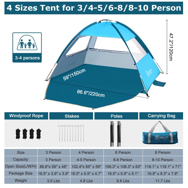 COMMOUDS Beach Tent Sun Shade for 3/4-5/6-7/8-10 Person, UPF 50+ Beach Sun Shelter Canopy Tent, Lightweight, Easy Set Up and Carry - Image 2