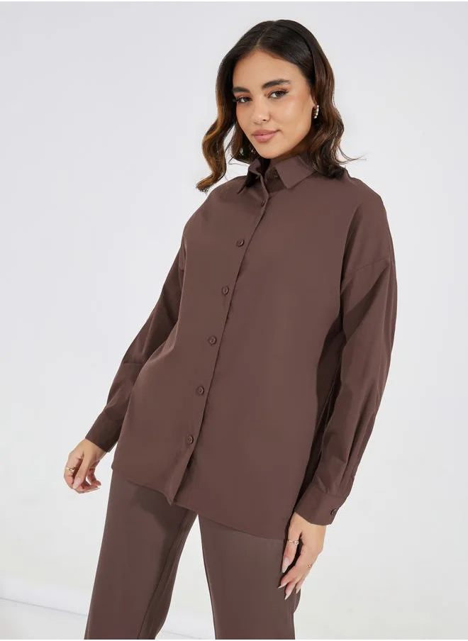 Styli Solid Longline Shirt with Button Placket