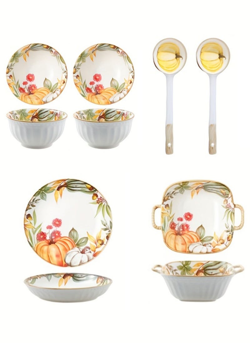 EzzySo 6 Pieces Dinner Set Pumpkin Dinnerware Set Ceramic Tableware Set Pumpkin Series 2 Bowls 2 Spoons 1 Plate 1 Ear Hanging Baking Tray Cookware for 2 People Home Festive Kitchen Use and Gifting  - Image 1