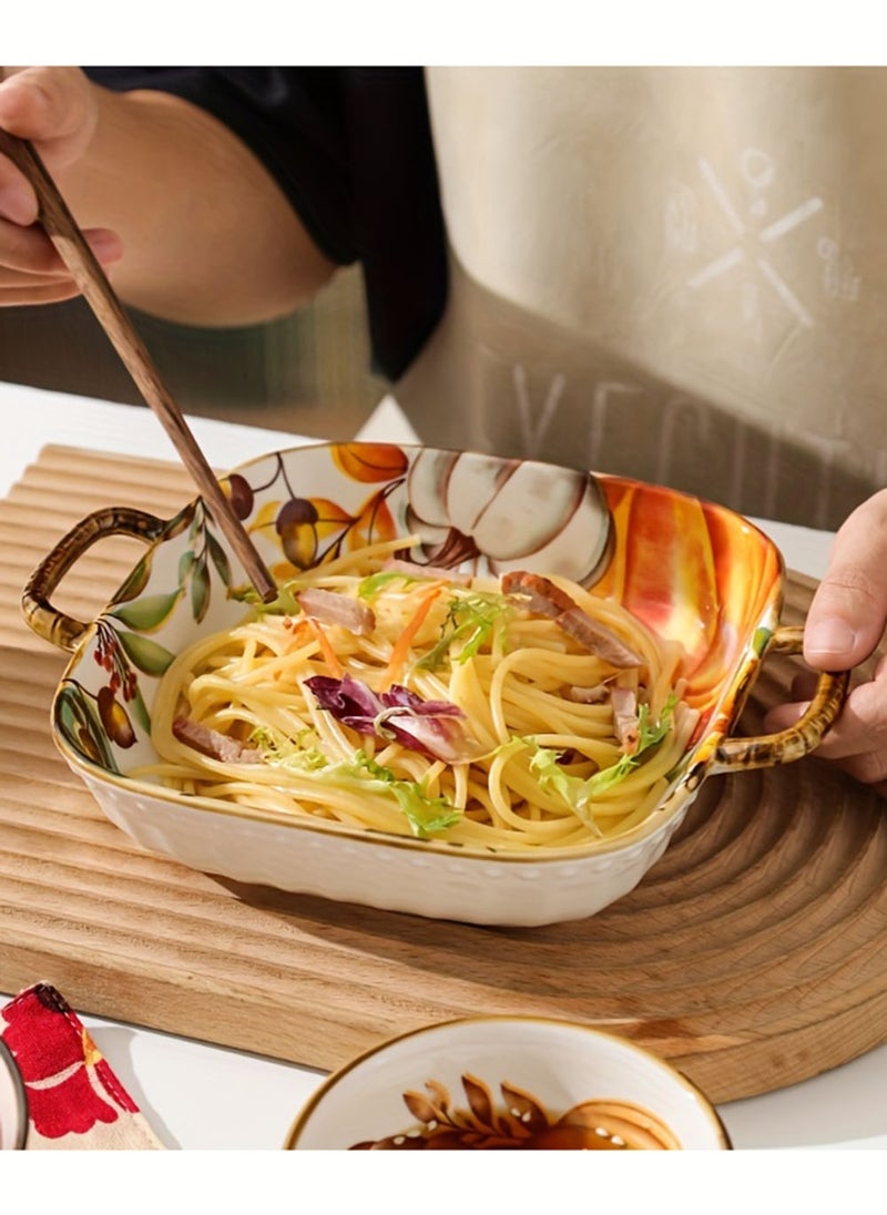 EzzySo 6 Pieces Dinner Set Pumpkin Dinnerware Set Ceramic Tableware Set Pumpkin Series 2 Bowls 2 Spoons 1 Plate 1 Ear Hanging Baking Tray Cookware for 2 People Home Festive Kitchen Use and Gifting  - Image 2