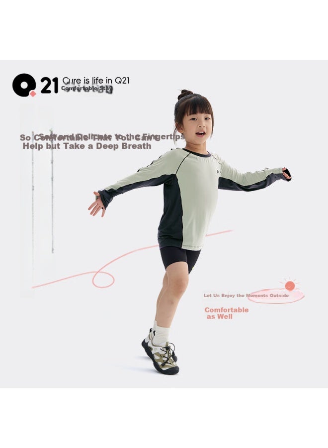 Q21 Little Happiness Children's Long-sleeve T-shirt, Round Neck, Color-block Sun Protection Top, Reed Green, Size 90 - Image 4