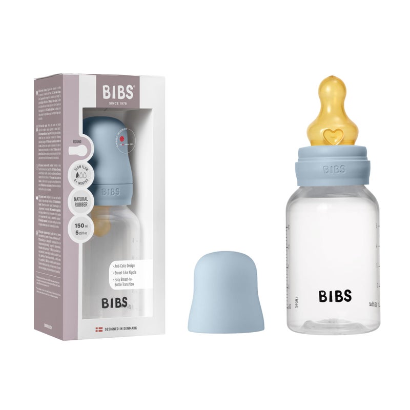 BIBS زجاجة بيبس للأطفال 5 أونص / 150 مل بحلمة من اللاتكس الطبيعي - مضادة للمغص، خالية من BPA، حلمة مستديرة، تدفق بطيء، خفيفة الوزن وسهلة التنظيف، مناسبة للمواليد الجدد 0+ سنوات - أزرق فاتح - Image 1