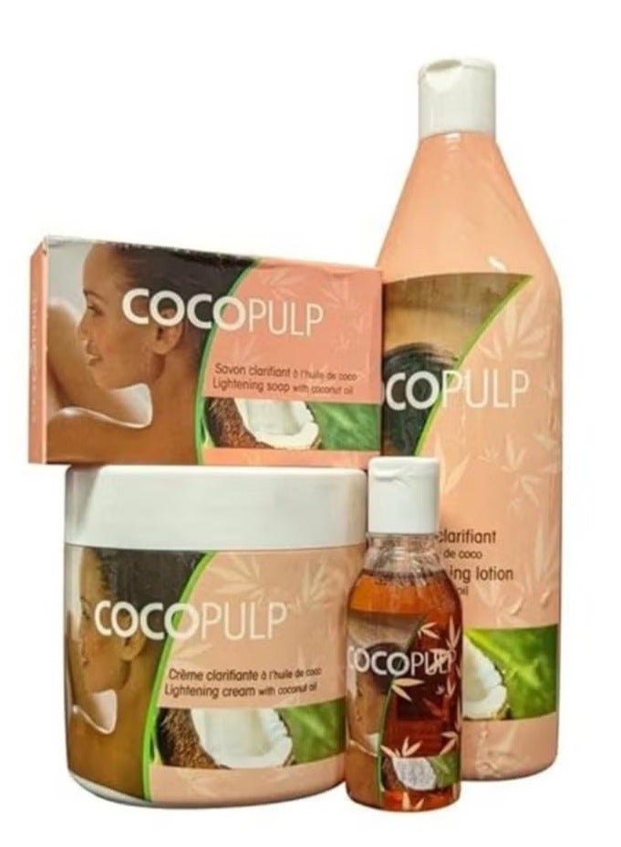 Coco Pulp Skin Lightening Set: 300ml Cream, 500ml Lotion, 50ml Oil, and 180g Soap