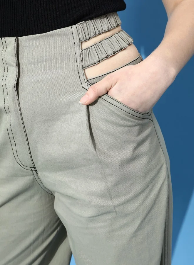 STREET 9 بنطلون نسائي أخضر أنيق بخصر مرتفع