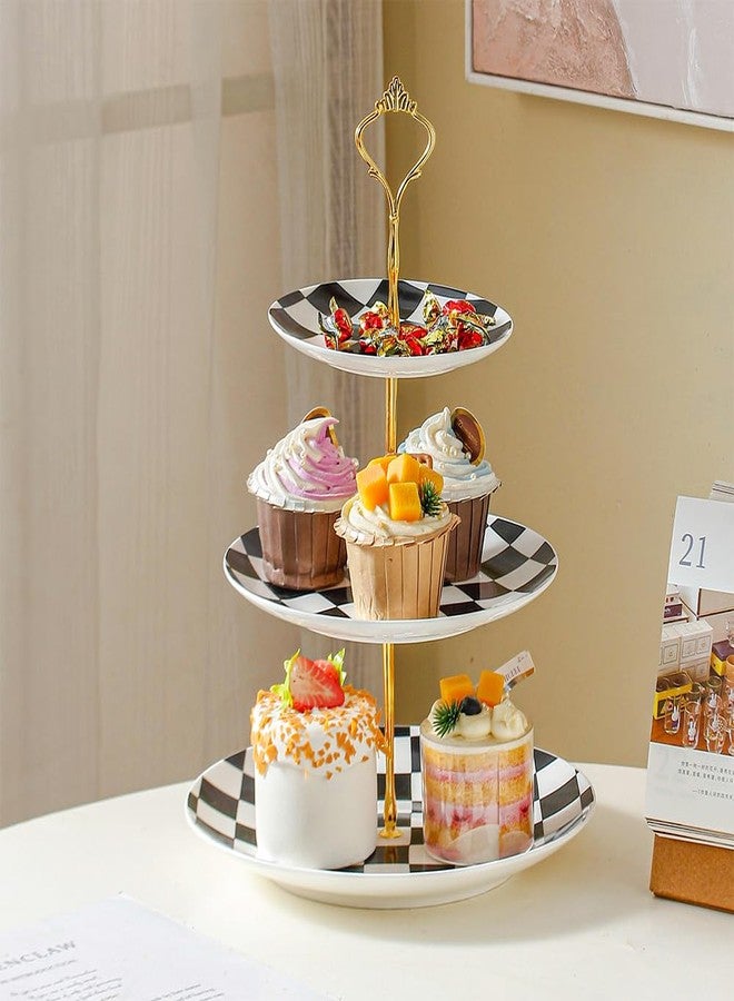 YOSCO 3 Tier Checkered Ceramic Cupcake Stand, Tiered Serving Cake Stand, Embossed Dessert Stand, Weddings Parties Pastry Serving Tray (Black) - Image 3