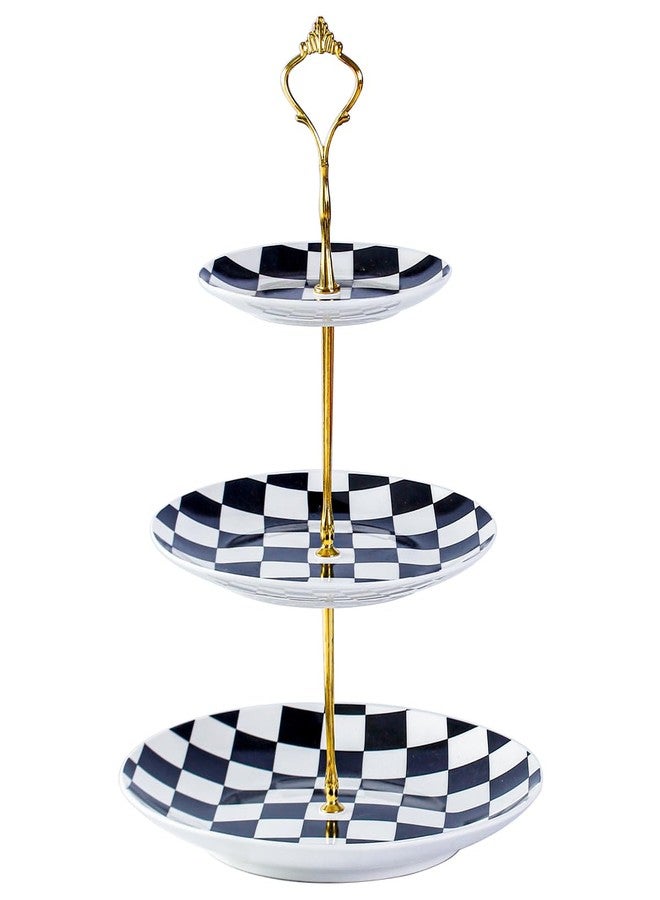 YOSCO 3 Tier Checkered Ceramic Cupcake Stand, Tiered Serving Cake Stand, Embossed Dessert Stand, Weddings Parties Pastry Serving Tray (Black) - Image 1