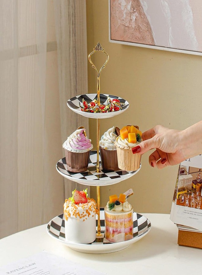 YOSCO 3 Tier Checkered Ceramic Cupcake Stand, Tiered Serving Cake Stand, Embossed Dessert Stand, Weddings Parties Pastry Serving Tray (Black) - Image 4