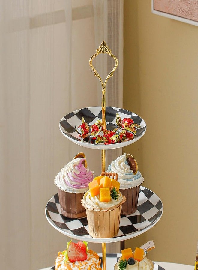 YOSCO 3 Tier Checkered Ceramic Cupcake Stand, Tiered Serving Cake Stand, Embossed Dessert Stand, Weddings Parties Pastry Serving Tray (Black) - Image 5