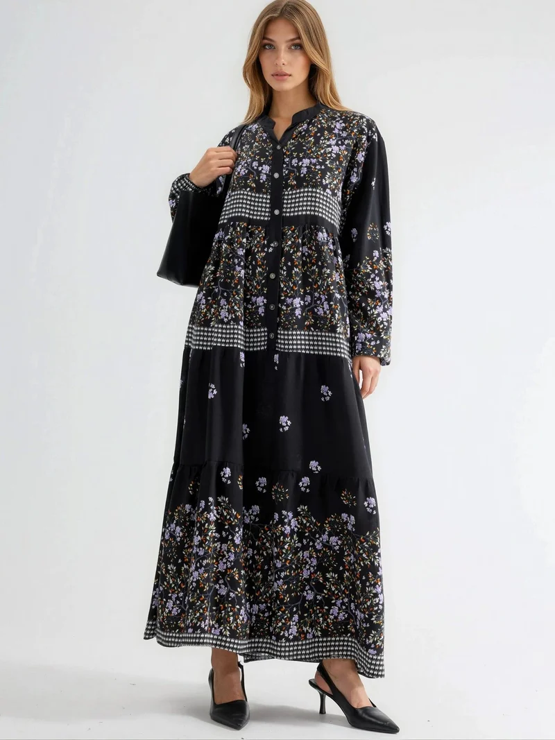 HICCUP Patterned V-Neck Maxi Dress with Button Closure