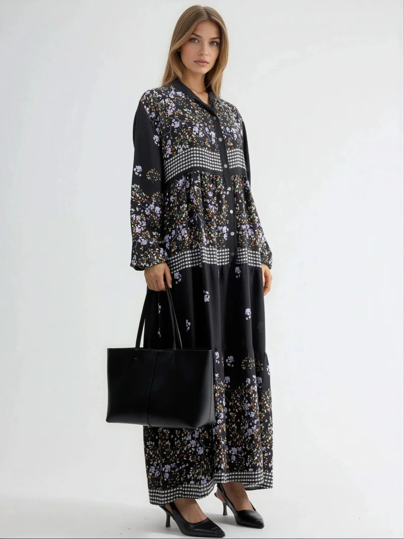 HICCUP Patterned V-Neck Maxi Dress with Button Closure