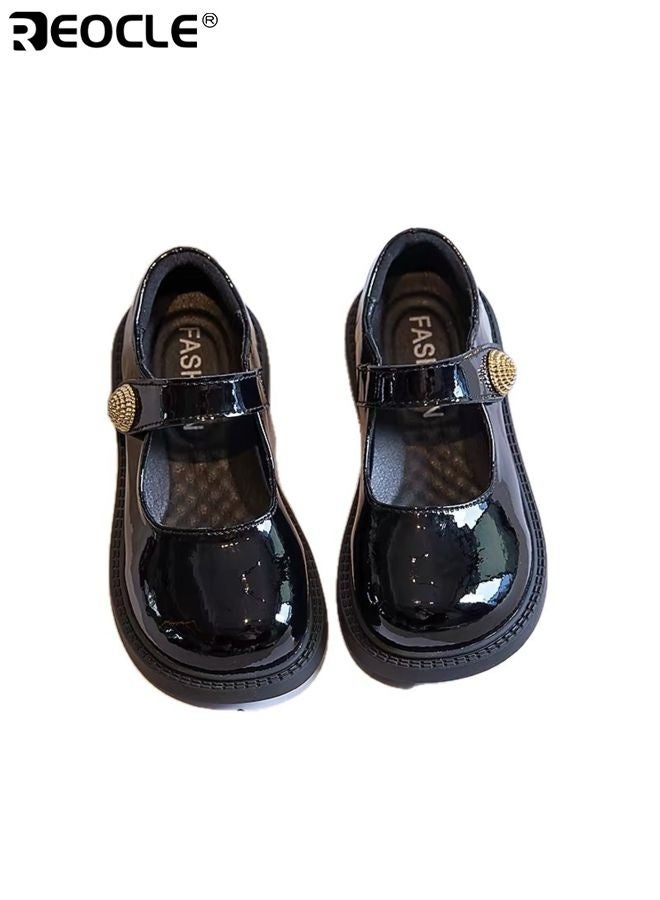 ريوكل أحذية جلدية للبنات على شكل أميرة مع لمسات لامعة وتصميم أحذية رسمية كعب للبنات مع إغلاق فيلكرو لحفلات الاحتفالات والعطلات - Image 1