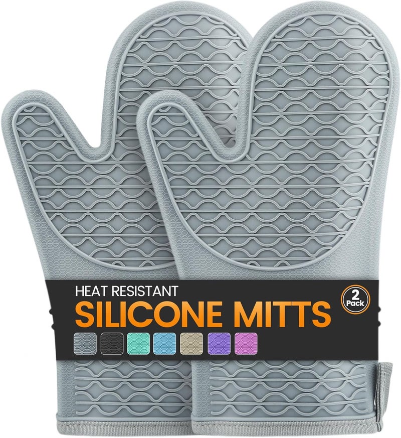 HSEEC Silicone Oven Mitts, Heat Resistant 2PCS Oven Mitts with Soft Cotton Lining, Waterproof Non-Slip Grip Oven Glove, Kitchen Potholder Mits for BBQ, Baking, Cooking, 12.5 Inch - Grey - Image 1