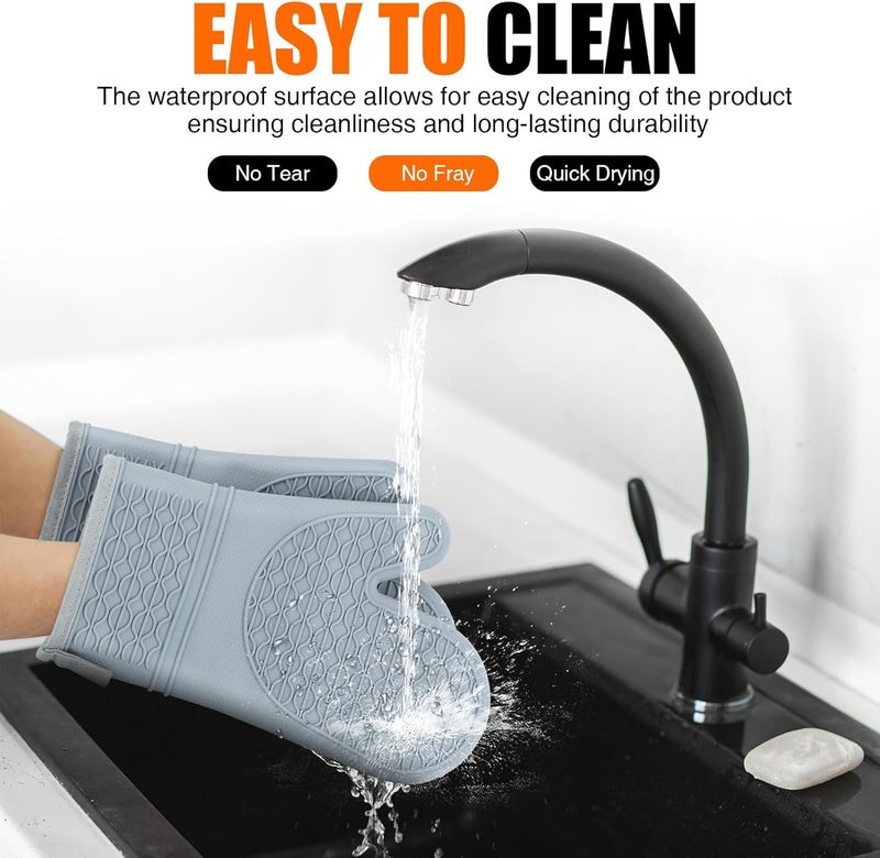 HSEEC Silicone Oven Mitts, Heat Resistant 2PCS Oven Mitts with Soft Cotton Lining, Waterproof Non-Slip Grip Oven Glove, Kitchen Potholder Mits for BBQ, Baking, Cooking, 12.5 Inch - Grey - Image 5
