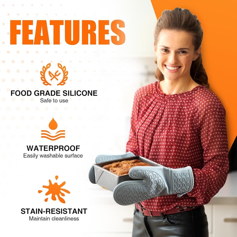 HSEEC Silicone Oven Mitts, Heat Resistant 2PCS Oven Mitts with Soft Cotton Lining, Waterproof Non-Slip Grip Oven Glove, Kitchen Potholder Mits for BBQ, Baking, Cooking, 12.5 Inch - Grey - Image 4