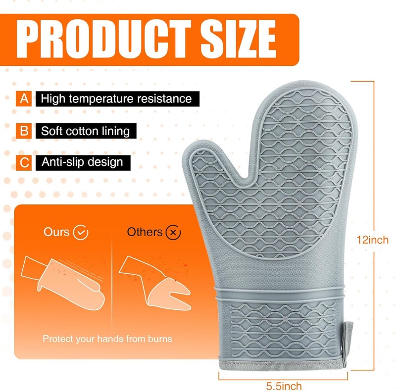 HSEEC Silicone Oven Mitts, Heat Resistant 2PCS Oven Mitts with Soft Cotton Lining, Waterproof Non-Slip Grip Oven Glove, Kitchen Potholder Mits for BBQ, Baking, Cooking, 12.5 Inch - Grey - Image 2