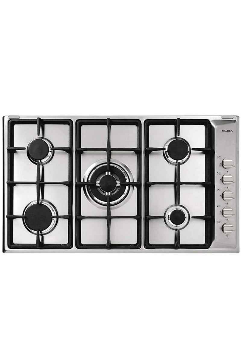 ELBA - 90cm Stainless Steel 5 Zone Gas Cooktop - Tripple Ring Central Wok Burner - Electronic Ignition - Safety Devices - Cast Iron Pan Supports + Wok Stand - Italian Technology