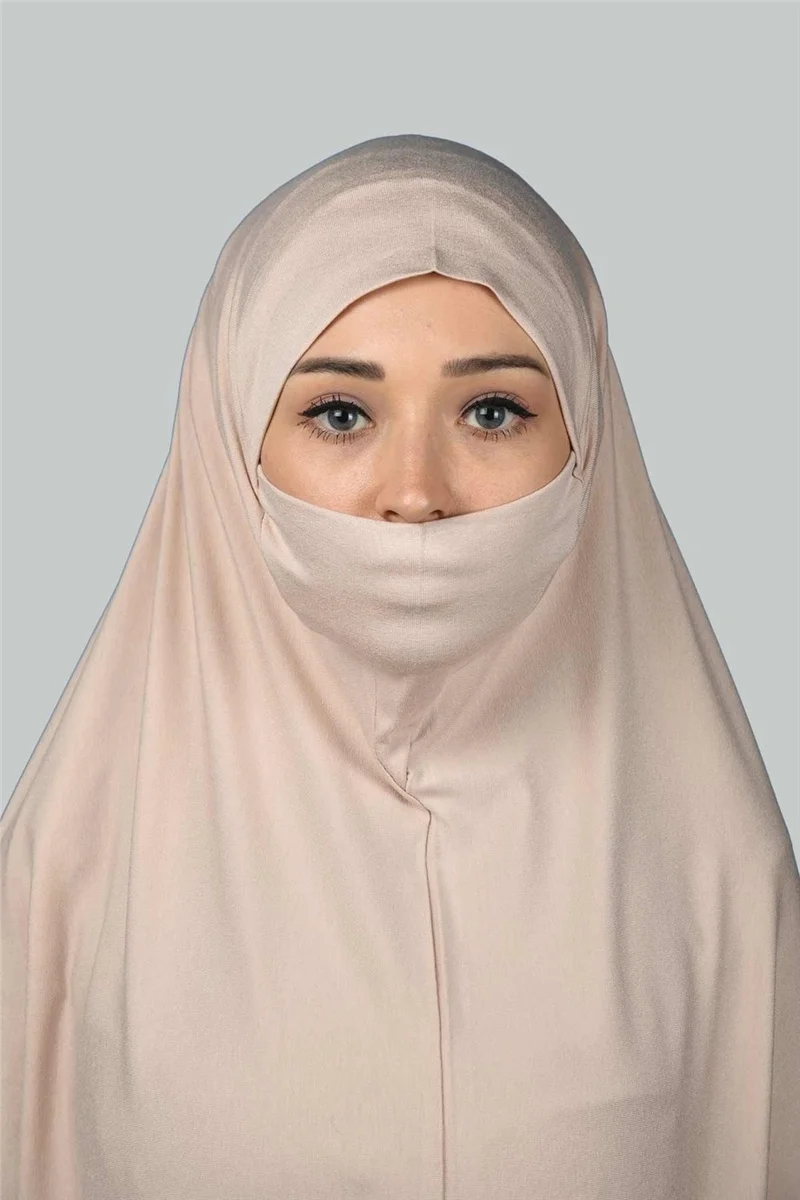 التوبة Ready-made Turban Practical Scarf with Veil Hijab with Nikap - Prayer Cover Soufflé (3Xl) - Beige