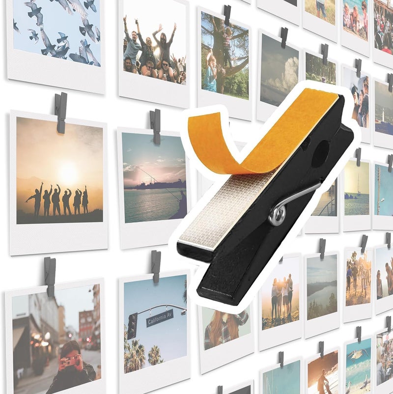 Toros 20 Pack Mini Self Adhesive Clips for Pictures - Black Wood Clip Photo Holders for Wall, Poster Hanger, Photo Cards Hanging Display Board & Picture Boards, Artwork Photos Holders Card Room Decor - Image 1