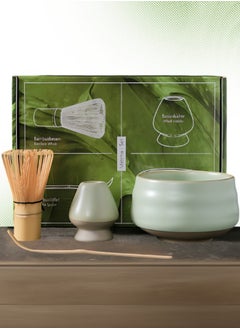 4-piece light green large-capacity easy-to-clean matcha tool set, traditional Japanese style pattern, ceramic material, including bowl, whisk, and spoon, full of ritual sense, excellent holiday gift, suitable for celebrations/special occasions/all seasons use