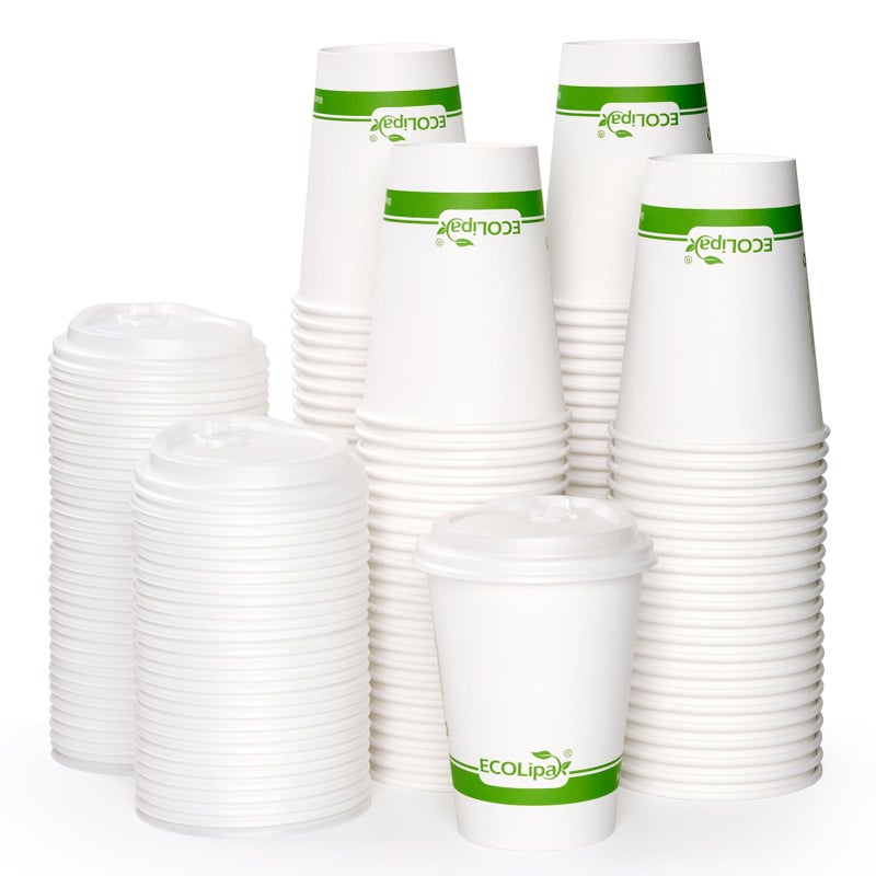 ECOLipak 100 Count 12 oz Compostable Paper Coffee Cups Biodegradable Disposable Coffee Cups with CPLA Lid Ecofriendly Hot Drinking Cups for Party Picnic Travel and Events
