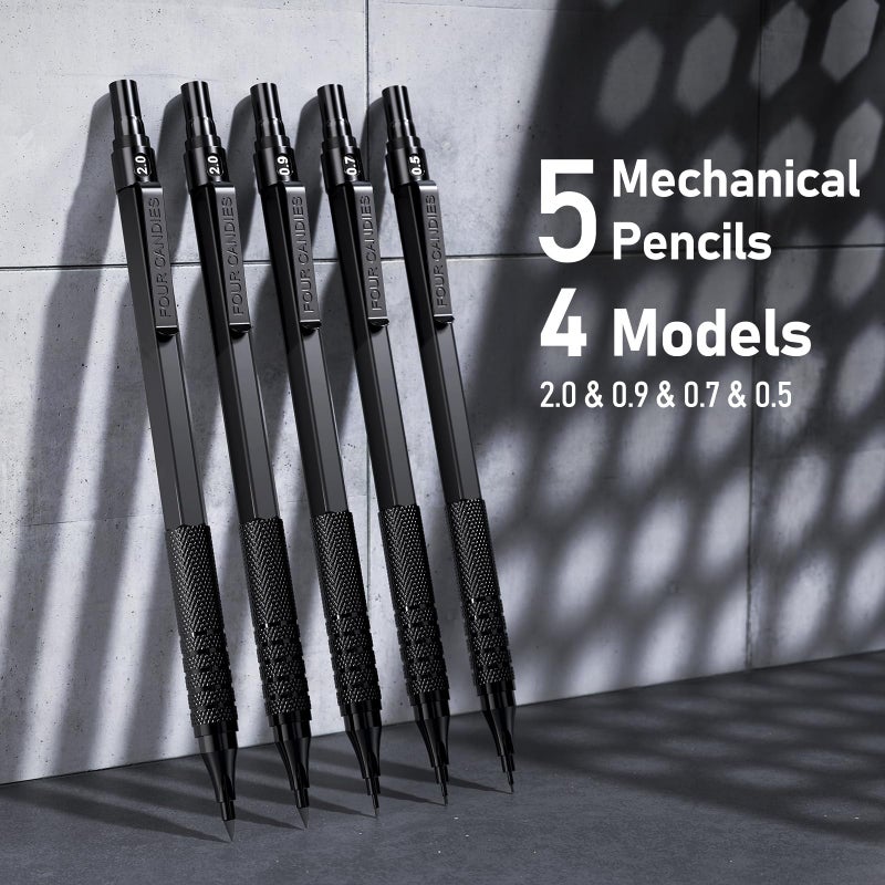 Four Candies Metal Mechanical Pencil Set, 3PCS Art Drafting Pencils 0.5, 0.7, 0.9MM & 2PCS 2MM Mechanical Drawing Pencils with 420PCS Leads (4B 2B HB 2H Color) for Writing Sketching Drawing (Black) - Image 2