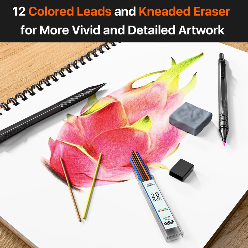 Four Candies Metal Mechanical Pencil Set, 3PCS Art Drafting Pencils 0.5, 0.7, 0.9MM & 2PCS 2MM Mechanical Drawing Pencils with 420PCS Leads (4B 2B HB 2H Color) for Writing Sketching Drawing (Black) - Image 4