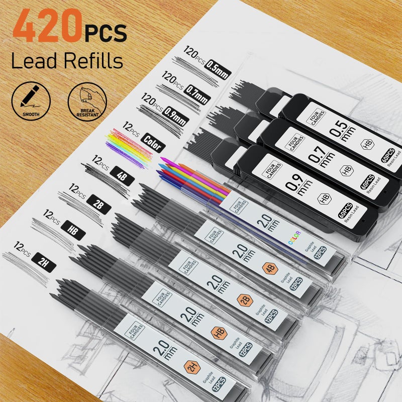 Four Candies Metal Mechanical Pencil Set, 3PCS Art Drafting Pencils 0.5, 0.7, 0.9MM & 2PCS 2MM Mechanical Drawing Pencils with 420PCS Leads (4B 2B HB 2H Color) for Writing Sketching Drawing (Black) - Image 3