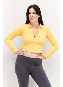 Tala Women Band Collar Long Sleeve Plain Crop Top, Yellow  - Image 1