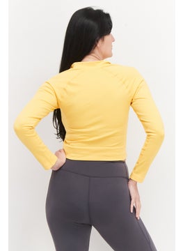 Tala Women Band Collar Long Sleeve Plain Crop Top, Yellow  - Image 4