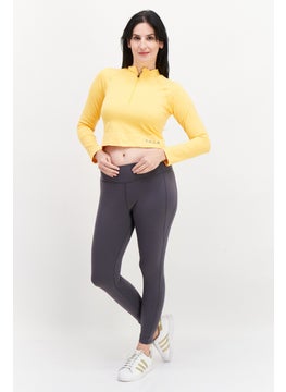 Tala Women Band Collar Long Sleeve Plain Crop Top, Yellow  - Image 2