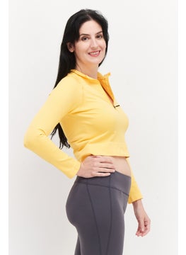 Tala Women Band Collar Long Sleeve Plain Crop Top, Yellow  - Image 3