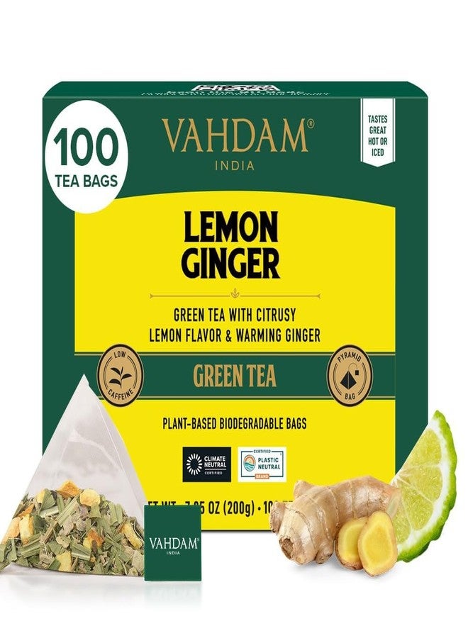 VAHDAM, Lemon Ginger Tea Bags (100 Green Tea Bags) Low Caffeine | Fruity Flavor - Zesty Lemon & Ginger, Orange Peel | Resealable Ziplock Pouch | Brew Hot or Iced Tea - Image 1