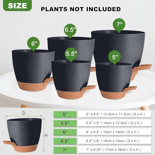 INKULTURE Flower Pot for Indoor Plants – Self Watering Plant Pot Set of 5, Multi Size Plastic Planter with Drainage Hole & Watering Lip (7/6.5/6/5.5/5 Inch) Black | Pots for Home, Office & Succulents - Image 3