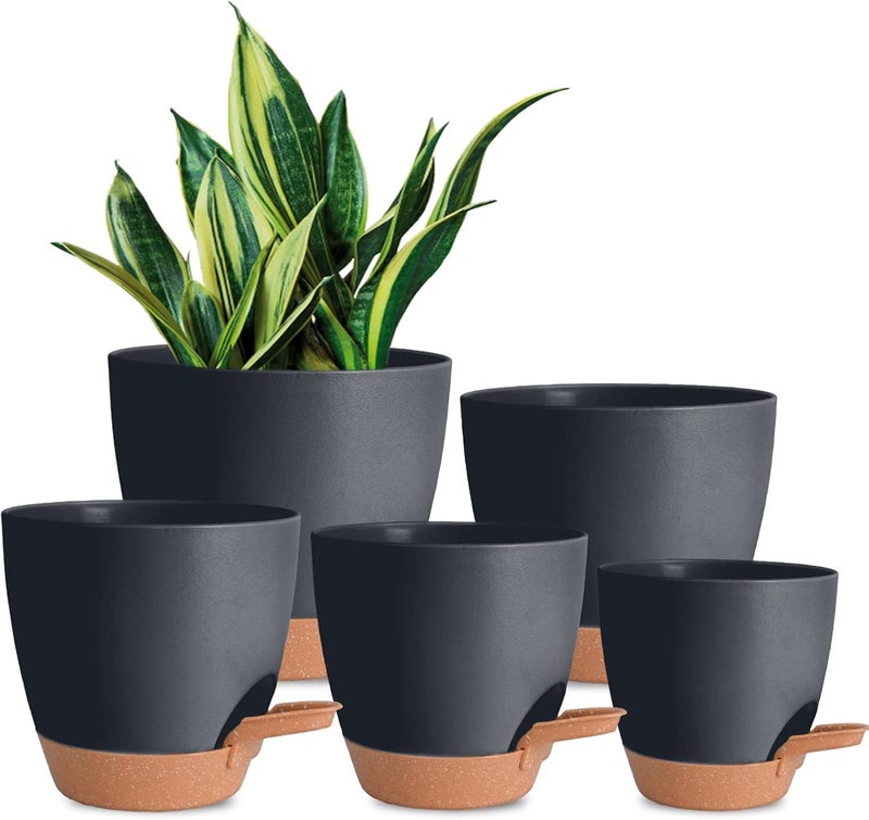 INKULTURE Flower Pot for Indoor Plants – Self Watering Plant Pot Set of 5, Multi Size Plastic Planter with Drainage Hole & Watering Lip (7/6.5/6/5.5/5 Inch) Black | Pots for Home, Office & Succulents - Image 1