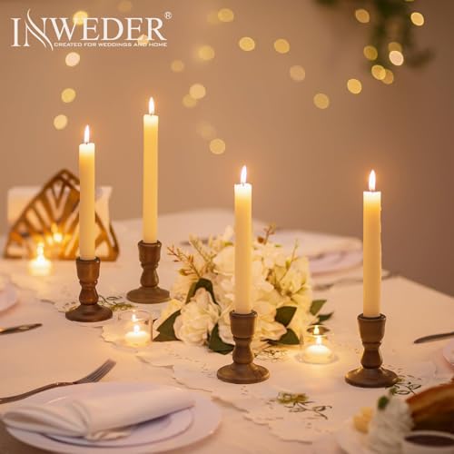 Inweder Wooden Taper Candle Holders: Wood Candlestick Holders Rustic Brown Farmhouse Fall Decor for Living Room Dinning Table Centerpiece Christmas Set of 2 - Image 5