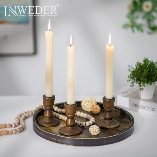Inweder Wooden Taper Candle Holders: Wood Candlestick Holders Rustic Brown Farmhouse Fall Decor for Living Room Dinning Table Centerpiece Christmas Set of 2 - Image 3