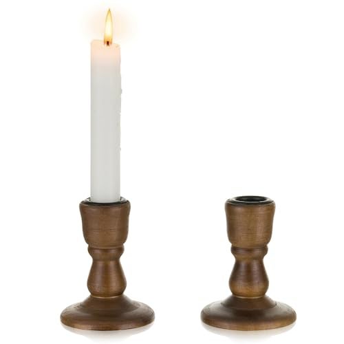 Inweder Wooden Taper Candle Holders: Wood Candlestick Holders Rustic Brown Farmhouse Fall Decor for Living Room Dinning Table Centerpiece Christmas Set of 2 - Image 1