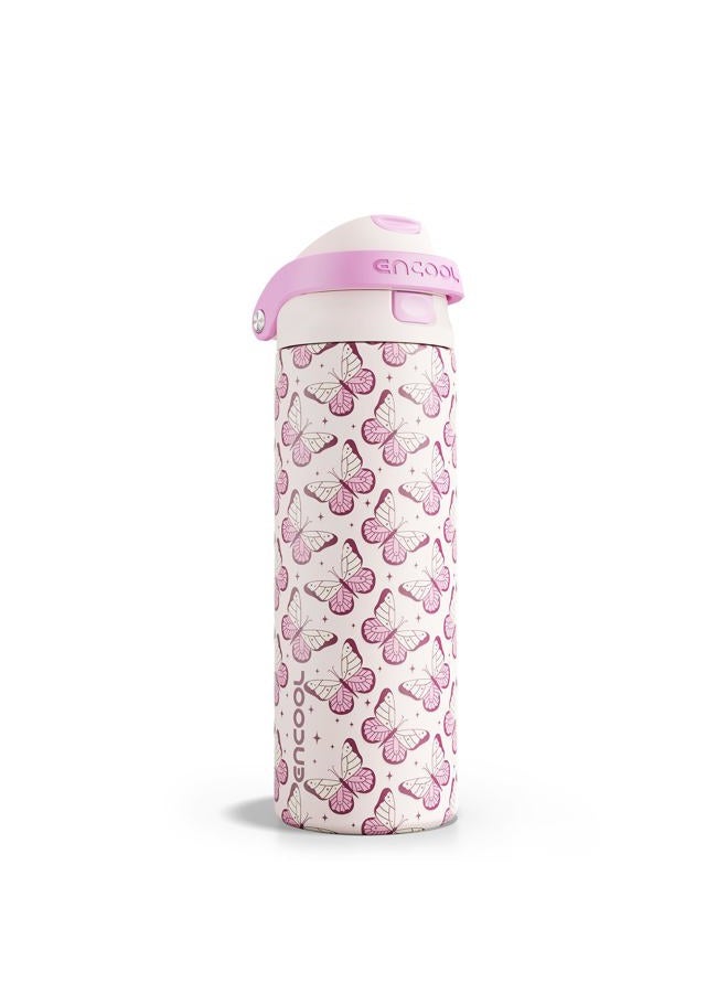 ENCOOL Leakproof Insulated Water Bottle with Straw Dual-Sip Water Bottle Bag-Safe Design for Work, Commute & Gym – Keeps Drinks Cold All Day, 24 oz, Blush Butterfly - Image 1