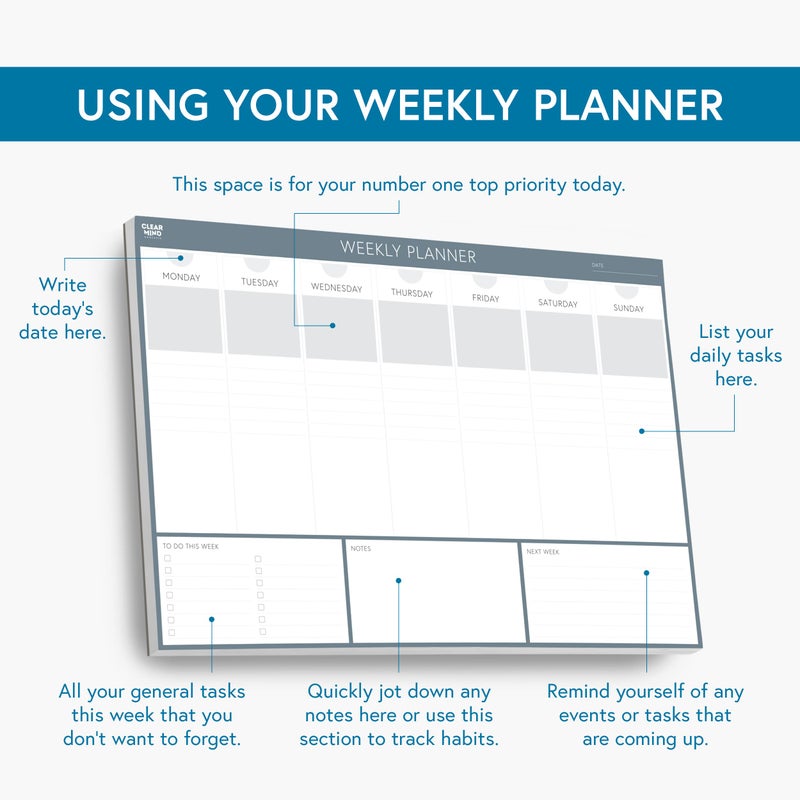 Clear Mind Concepts Weekly Desk Planner - Large 11.3â€ x 16.5â€ Tear-Off Pad, 52 Undated Sheets, Thick 120gsm No-Bleed Paper - To-Do List, Notes & Weekly Schedule Organizer - Image 2