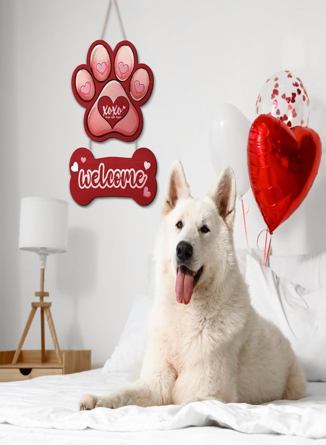 Memorywuu Valentines Day Welcome Hanging Sign St Patricks Day Wooden Door Hanger Sign Paw Print Dog Bone Love Hearts Double Sided Print Decorations for Front Door Wall Indoor Home Decor - Image 4