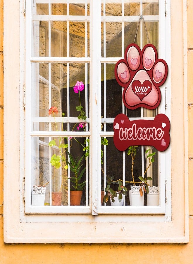 Memorywuu Valentines Day Welcome Hanging Sign St Patricks Day Wooden Door Hanger Sign Paw Print Dog Bone Love Hearts Double Sided Print Decorations for Front Door Wall Indoor Home Decor - Image 5