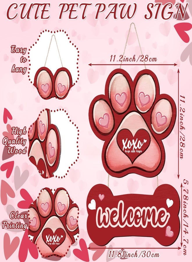 Memorywuu Valentines Day Welcome Hanging Sign St Patricks Day Wooden Door Hanger Sign Paw Print Dog Bone Love Hearts Double Sided Print Decorations for Front Door Wall Indoor Home Decor - Image 2