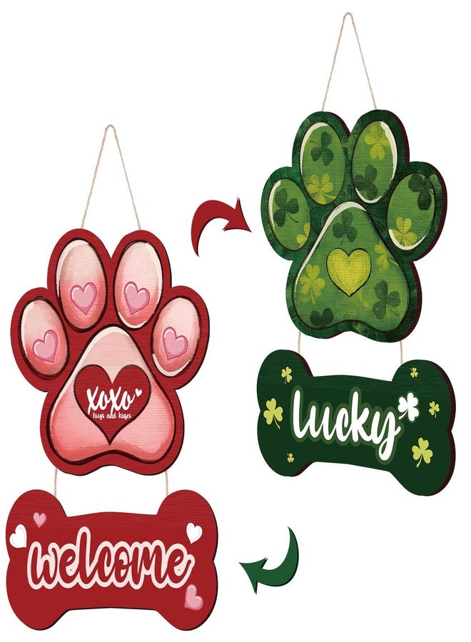 Memorywuu Valentines Day Welcome Hanging Sign St Patricks Day Wooden Door Hanger Sign Paw Print Dog Bone Love Hearts Double Sided Print Decorations for Front Door Wall Indoor Home Decor - Image 1