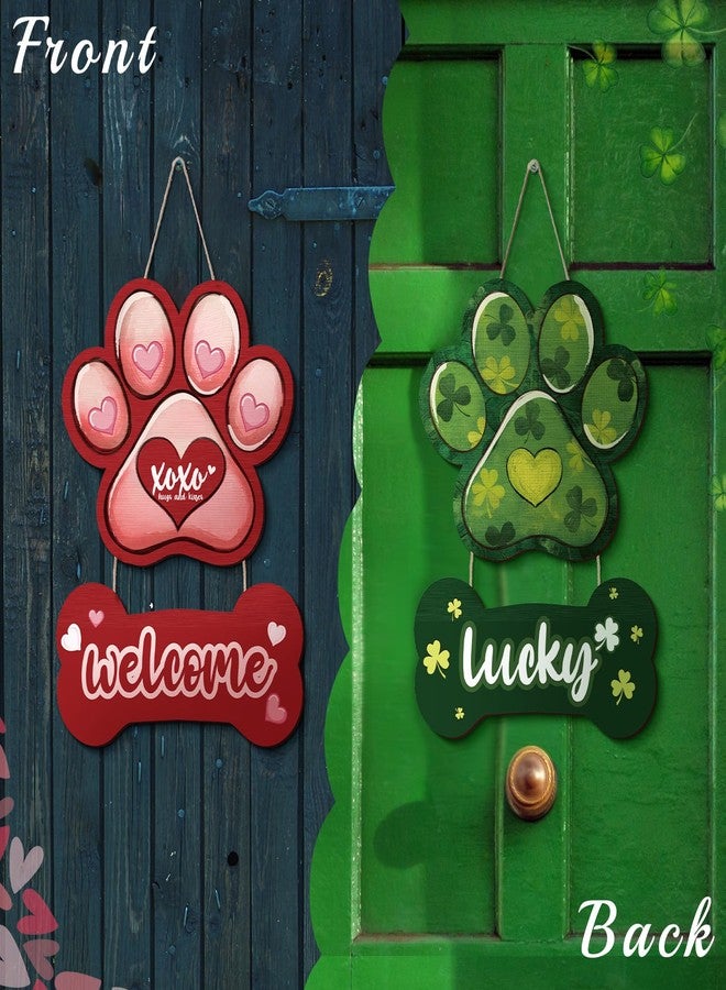 Memorywuu Valentines Day Welcome Hanging Sign St Patricks Day Wooden Door Hanger Sign Paw Print Dog Bone Love Hearts Double Sided Print Decorations for Front Door Wall Indoor Home Decor - Image 3