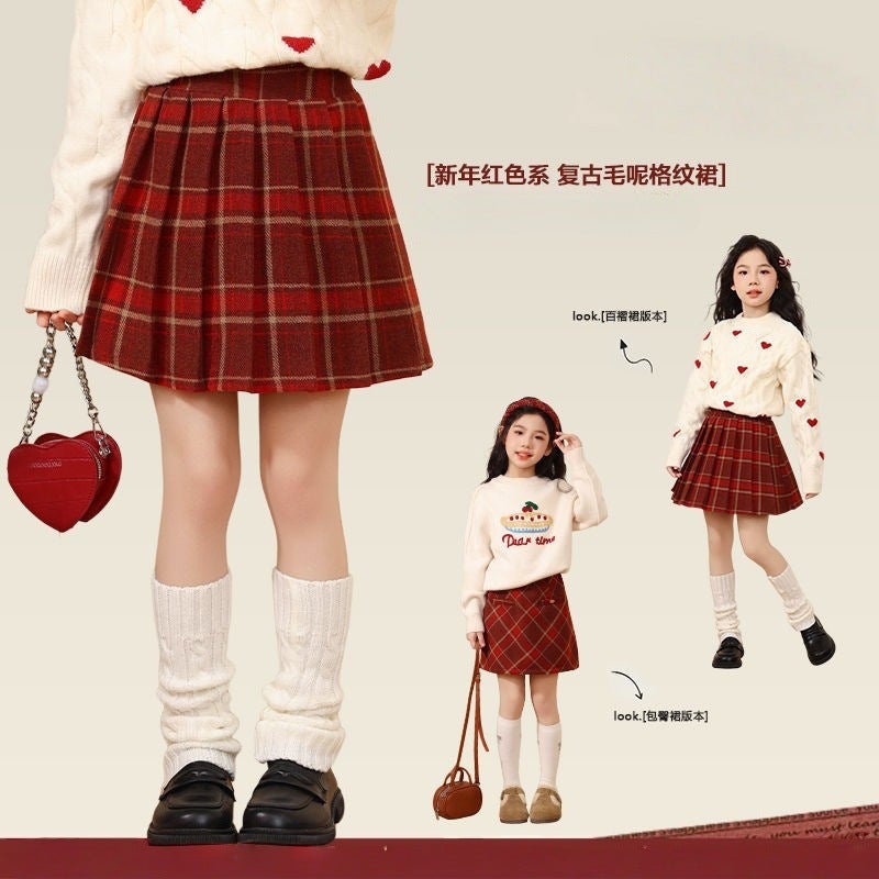 [Shop Selling] Girls Pleated Skirt Children'S Red Christmas Wool Skirt - Image 2
