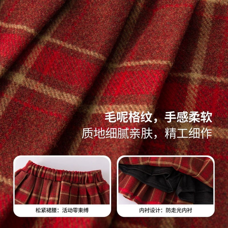 [Shop Selling] Girls Pleated Skirt Children'S Red Christmas Wool Skirt - Image 4