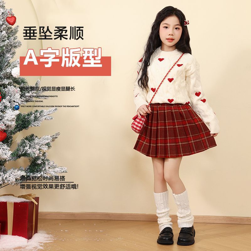 [Shop Selling] Girls Pleated Skirt Children'S Red Christmas Wool Skirt - Image 3