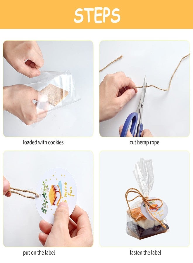 WANGDEFA 100 pcs S'more fun bags set bottom gusset bags clear cello cellophane with S'mores fun tags and twine for baked goods - Image 3