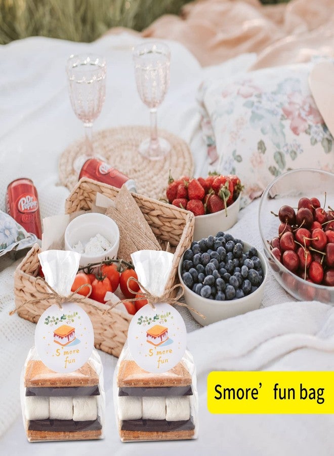 WANGDEFA 100 pcs S'more fun bags set bottom gusset bags clear cello cellophane with S'mores fun tags and twine for baked goods - Image 5