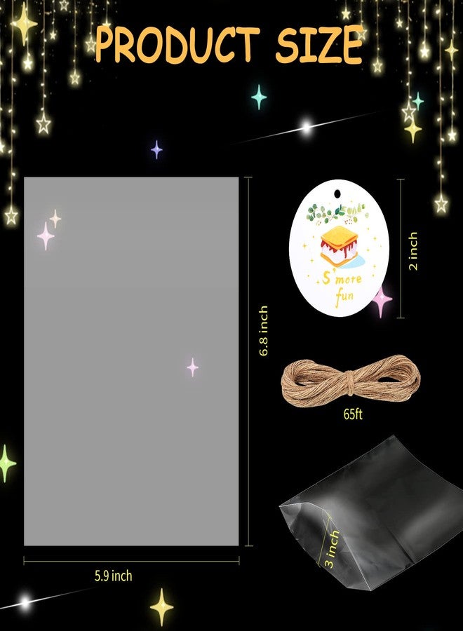 WANGDEFA 100 pcs S'more fun bags set bottom gusset bags clear cello cellophane with S'mores fun tags and twine for baked goods - Image 2